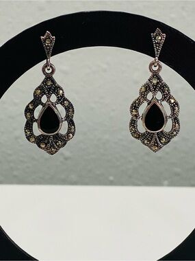 Black Onyx Marcasite Dangle Earrings Art Deco Style Pierced 925 Sterling Silver
